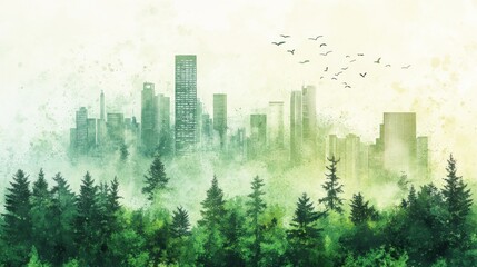 Fototapeta premium Dreamlike City Skyline Emerging from a Verdant Forest at Sunrise