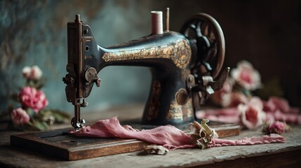 Vintage sewing machine antique tailor equipment fashion design tool craft hobby needlework sewing project art