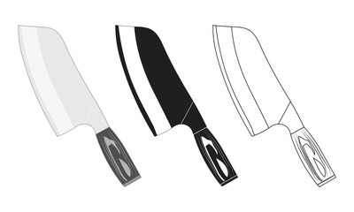 Chef Cleaver, Knife Set Line Art Silhouette Collection on white Background, Chef Cleaver Set on white Background, Cleaver and Knife Set