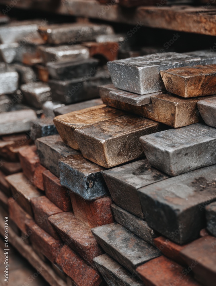 Poster stacked metal ingots close up shot showing texture and color variations in a warehouse setting for i