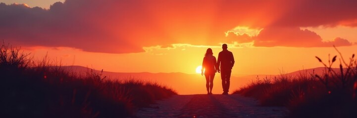 Fototapeta premium Silhouette of two figures walking sunset path, light, unity