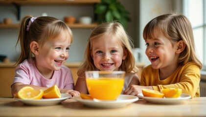 Fototapeta premium Smiling children enjoying orange juice at breakfast, fresh, cheerful