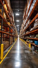 Wide shot of a warehouse aisle filled with product on shelves, perspective emphasizes depth and organization. Possible use showcasing efficiency and storage in a modern distribution center