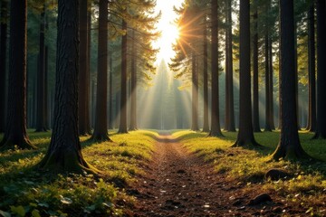 Fototapeta premium Sunlit Path Through Majestic Forest of Tall Trees with Soft Morning Light
