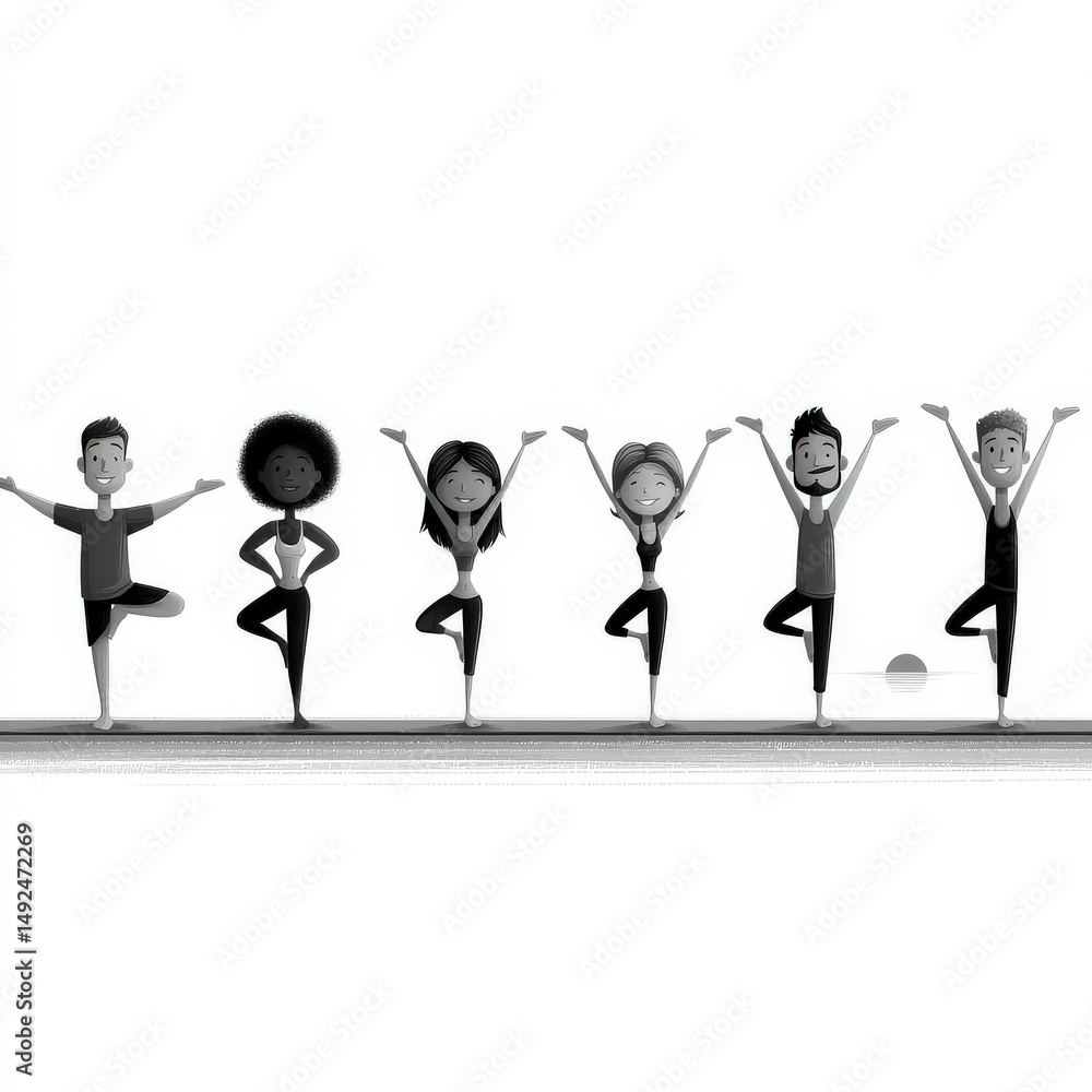 Poster a diverse group of individuals practicing yoga poses on a tranquil morning with harmonious expressio