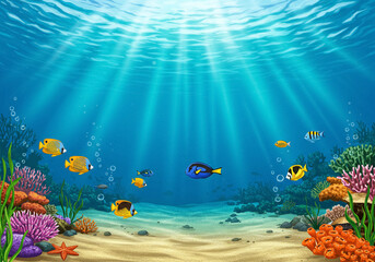 Naklejka premium Underwater Scene with Colorful Fish and Coral Reef, game background