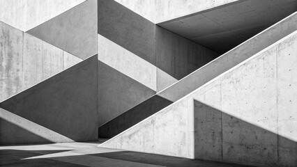 Fototapeta premium Modern architectural geometry with grayscale concrete wall texture and sharp shadow shapes in minimalist urban design.