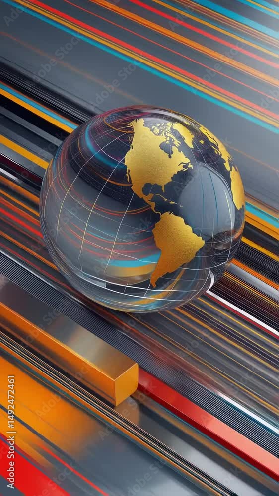Poster transparent globe with gold continents rotates slowly on a colorful striped background, creating a v