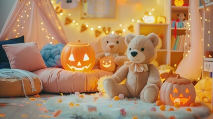 Adorable Halloween Room with Teddy Bears and Glowing Pumpkins
