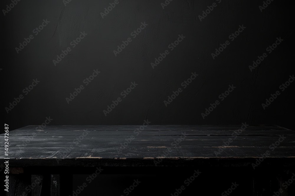 Poster moody black table surface against a shadowy background, ideal for capturing depth in interior spaces