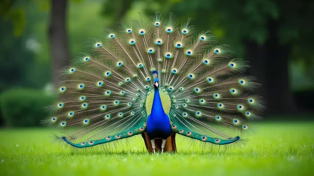 Single Peacock Displaying open full Feathers on green grass field background. Suitable for marketing or business purposes