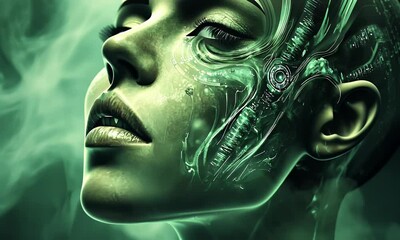 Futuristic humanoid figure with glowing circuits and organic components, eyes closed - Powered by Adobe