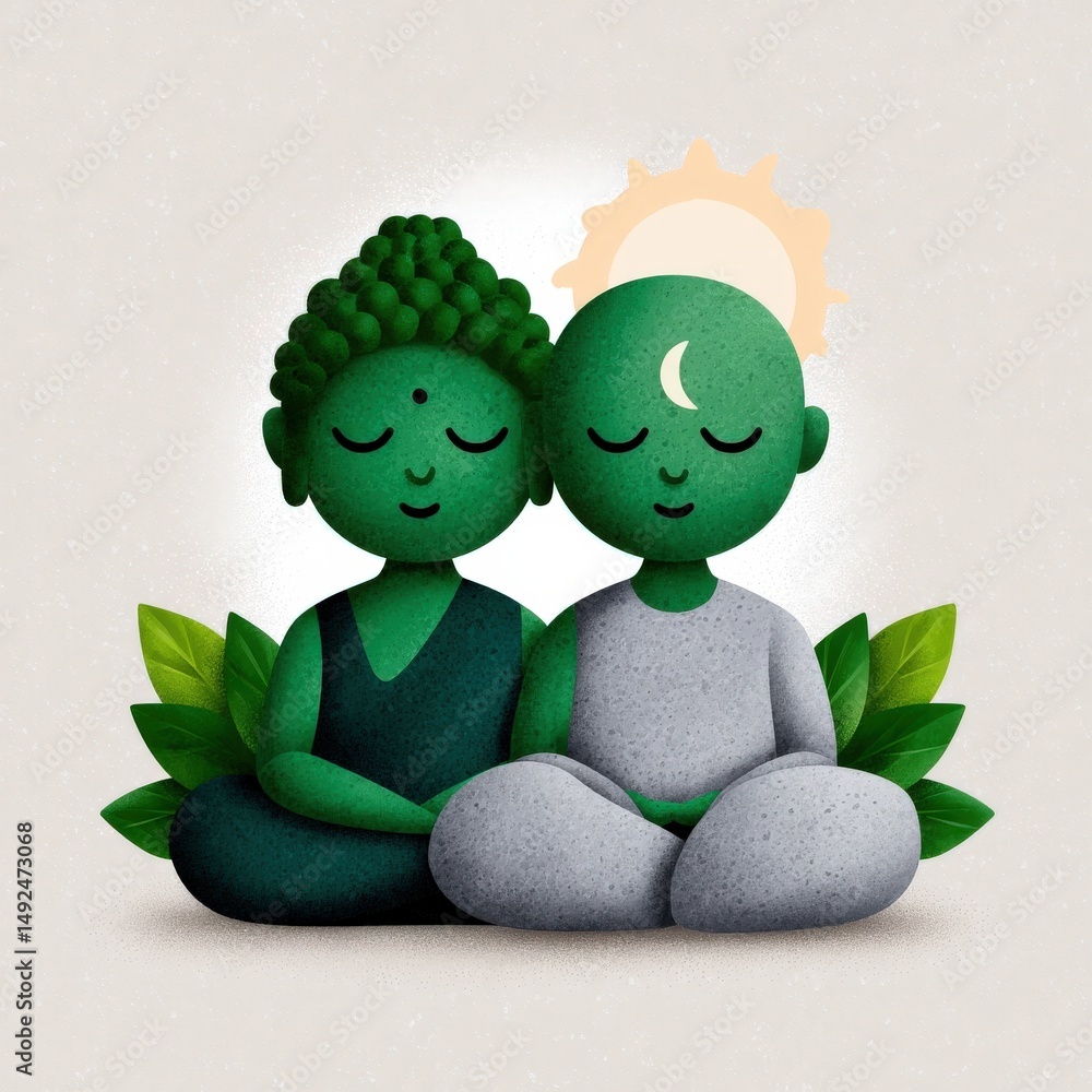 Poster serene and harmonious illustration of two meditative figures surrounded by lush greenery representin