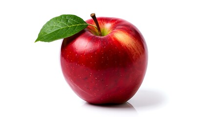 Fresh, ripe red apple, a single healthy fruit with a leaf, isolated on white