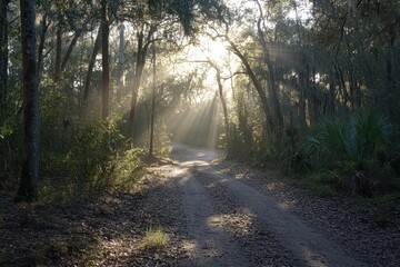 Obraz premium Morning Voyage: Serene Timberland Pathway with Sunlight Filtering Through Lush Trees