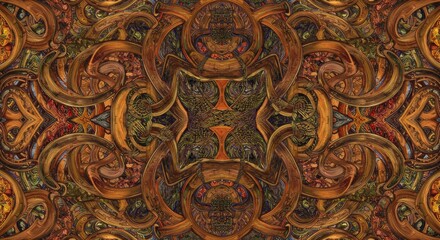 Intricate Wooden Swirls Abstract Brown Kaleidoscope Pattern Design