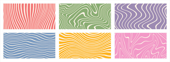 Distorted deformed lines vector striped backgrounds half page banners set. Fluid curved wiggling doodle uneven hand drawn wavy organic stripes waves. Funky ornaments groovy hippie patterns collection