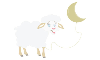 Cute Cartoon Sheep Holding a Crescent Moon Balloon, Sheep Illustration