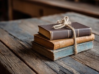 Stack of antique books tied with twine on rustic wooden table top view knowledge literature history education study
