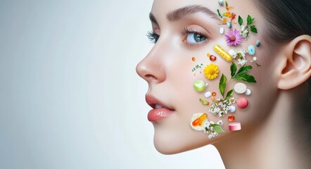 Nourishing Skin Vitamins: Woman's Portrait with Illustrated Icons of Natural Supplements for Healthy Glow