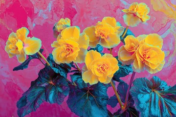 Vibrant yellow flowers with teal leaves against a dynamic pink backdrop.