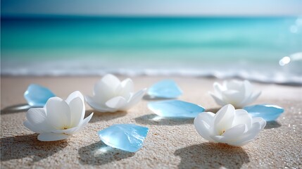 Elegant White Flowers and Blue Petals on Serene Beach Shoreline