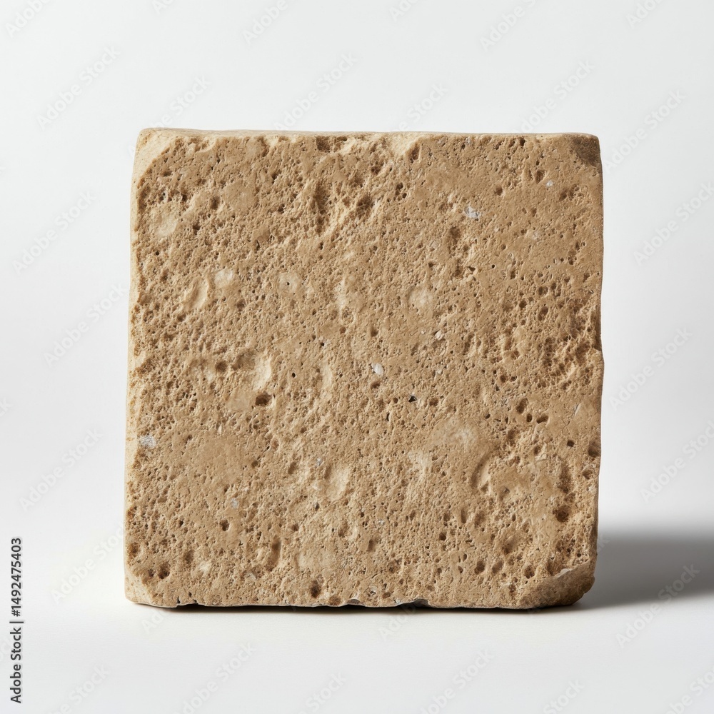 Poster porous travertine block close up on white background studio shot showing texture and detail of natur