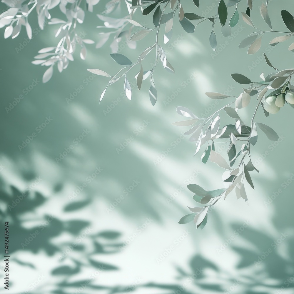 Poster elegant olive branch display with soft light and shadows on a mint green backdrop studio shot