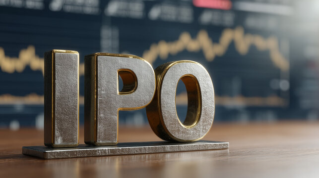 IPO in the Spotlight: The image features the bold letters "IPO" in metallic text, positioned on a wooden table, with a blurred stock chart in the background.