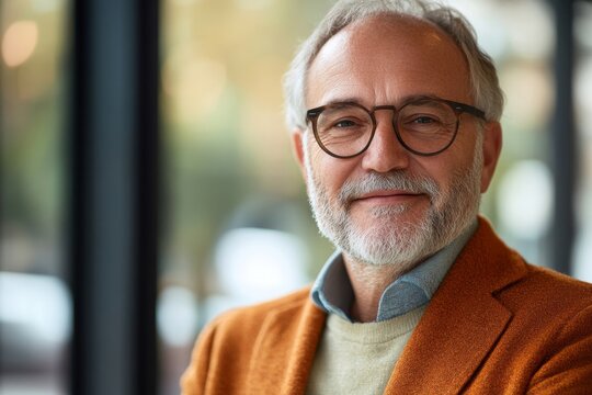 Smiling middle aged mature older business man hr manager, lawyer, bank adviser having work conversation at office meeting or job interview. Financial legal advisory and consultancy