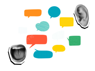 Black and white opened mouth, few colorful speech bubbles and ear - communication concept. Modern photo collage style. Illustration on transparent background
