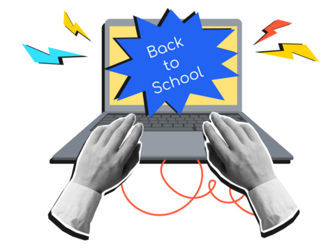 Opened laptop with hands on keyboard and text Back to School on screen. Modern collage style. Illustration on transparent background