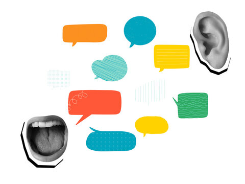 Black and white opened mouth, few colorful speech bubbles and ear - communication concept. Modern photo collage style. Illustration on transparent background