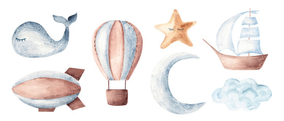 Watercolor Baby Set. Air transport, Sea design elements, Crescent Moon, cute sleeping Star and Cloud. Watercolor Hand drawn Children's illustration isolated on white background in Vintage style. For © Tatiana