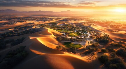 Desert oasis resort at sunrise