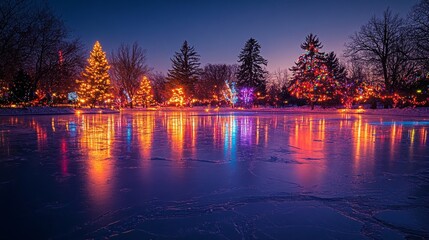 reflections of holiday lights on a frozen lake with trees in the background, Generative AI