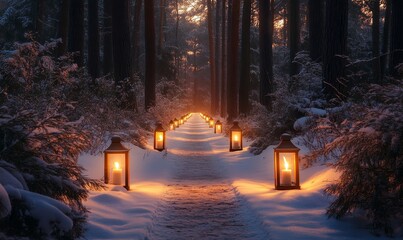 wintery forest trail lit by warm glowing lanterns and surrounded by tall trees, Generative AI