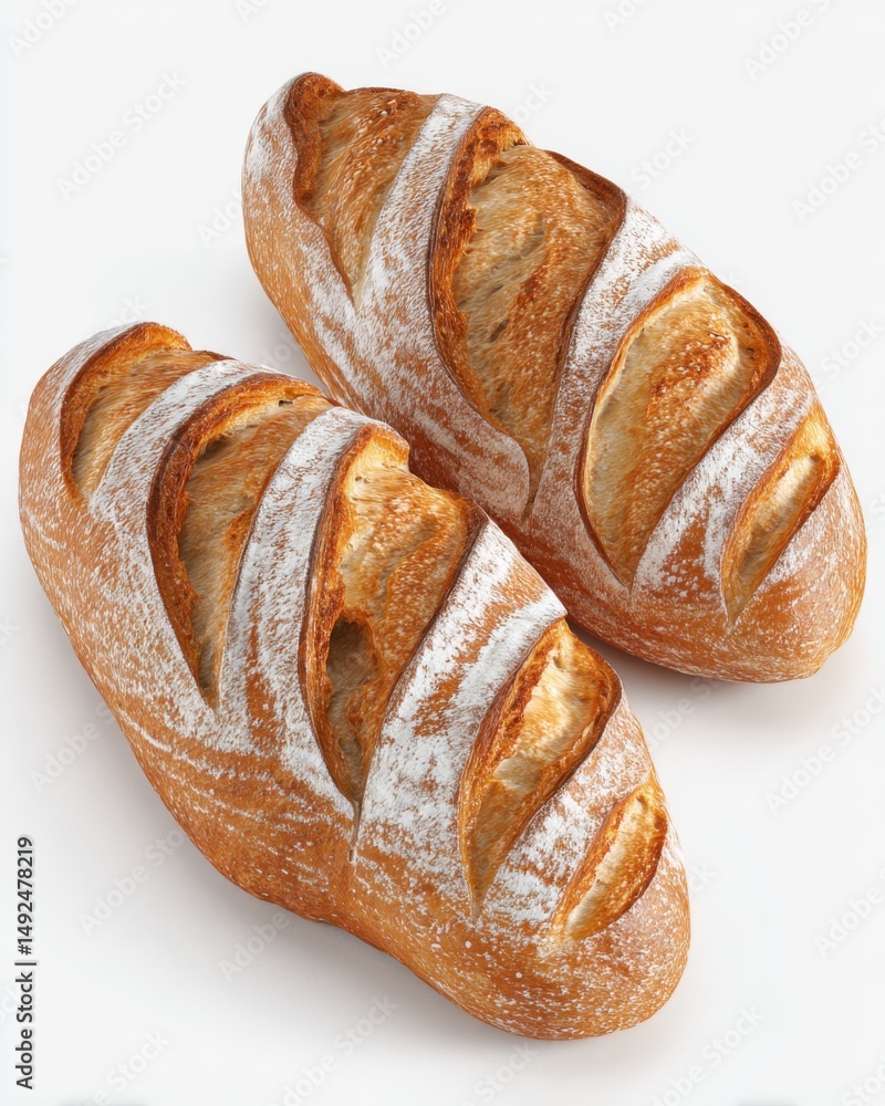 Poster two loaves of sourdough bread sit on a white background in a high angle studio shot showing the crus