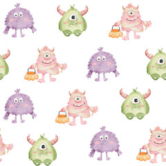 seamless pattern watercolor halloween monsters