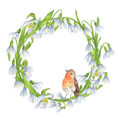 Floral wreath of white snowdrops flowers, green leaves and robin bird. Springtime garden wreath. Circle frame. Spring clipart. Hand-drawn watercolor illustration. For postcards, invitations design