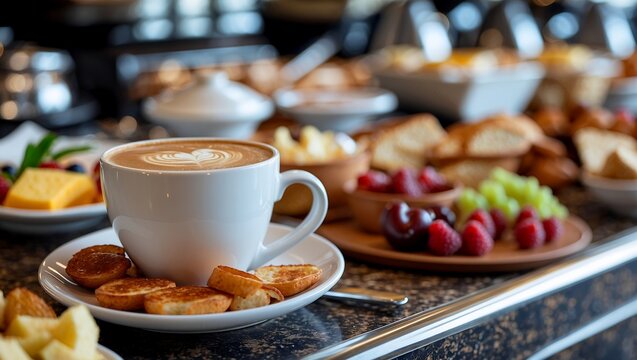 Inviting coffee and lavish breakfast buffet spread - Powered by Adobe