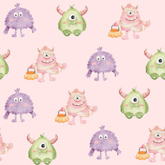 seamless pattern watercolor halloween monsters