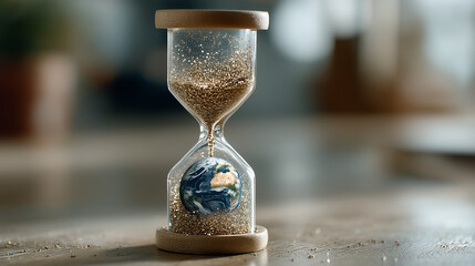 Time Running Out: A thought-provoking image featuring a miniature Earth encapsulated within an hourglass.