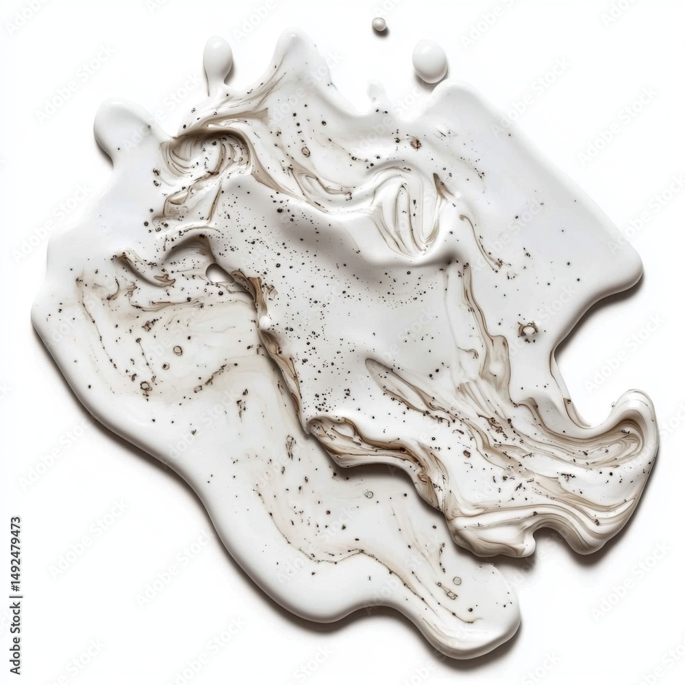 Poster abstract white paint splash with dark speckles overhead studio shot on white background artful desig