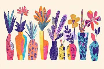 Set of  contemporary art flowers in colorful vases