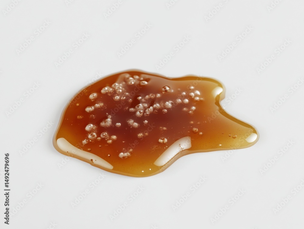 Poster isolated puddle of amber liquid with bubbles on white surface studio shot close up macro detail food