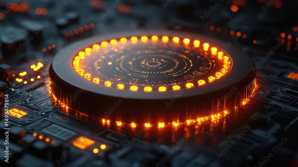 Poster illuminated circular tech component on dark circuit board