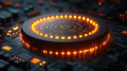 Illuminated Circular Tech Component on Dark Circuit Board