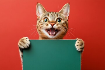 &ETH;&iexcl;ute adult cat singapura hold in front paws a template - large green road sign. Mockup with pet. Isolated cat on a solid apparel red background. Studio cat photo. Kitty with poster.