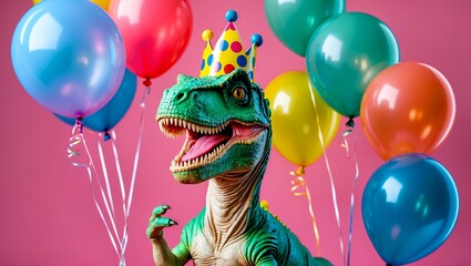 Naklejka premium Joyful green dinosaur celebrating with colorful balloons